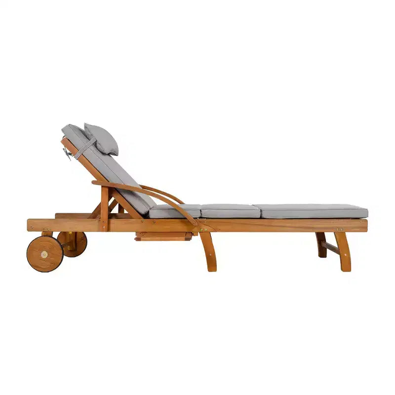 Whisen 77.5 Outdoor Chaise Lounge, Patio Lounge Chair, Pool Lounge Chair with Acacia Wood Frame, Adjustable Backrest, Wheels, Retractable