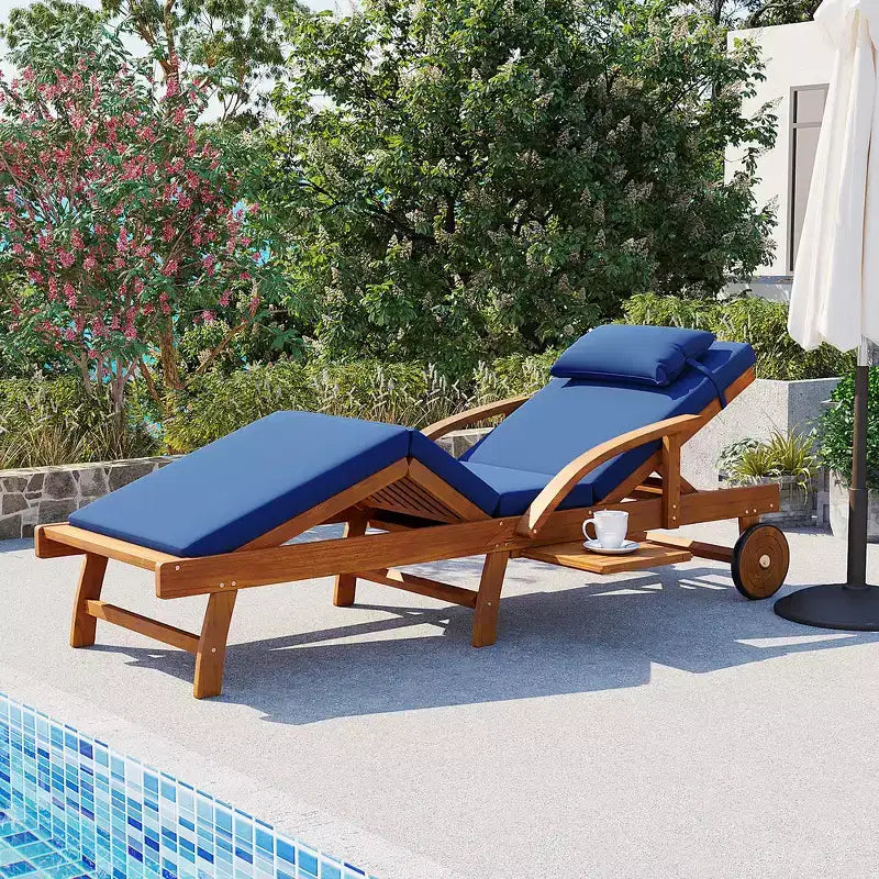 Whisen 77.5 Outdoor Chaise Lounge, Patio Lounge Chair, Pool Lounge Chair with Acacia Wood Frame, Adjustable Backrest, Wheels, Retractable