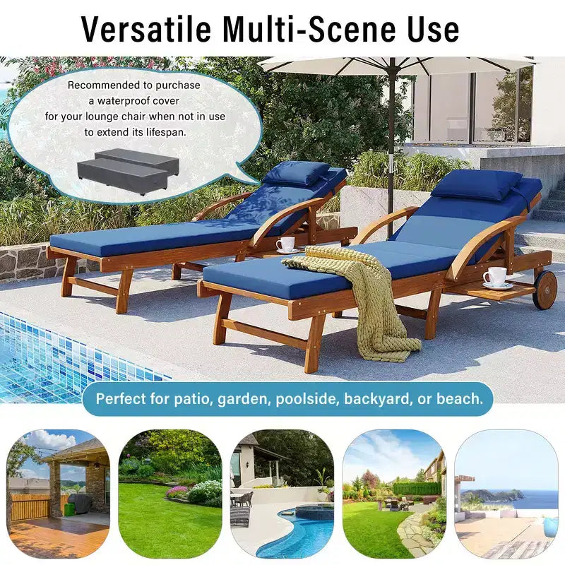 Whisen 77.5 Outdoor Chaise Lounge, Patio Lounge Chair, Pool Lounge Chair with Acacia Wood Frame, Adjustable Backrest, Wheels, Retractable
