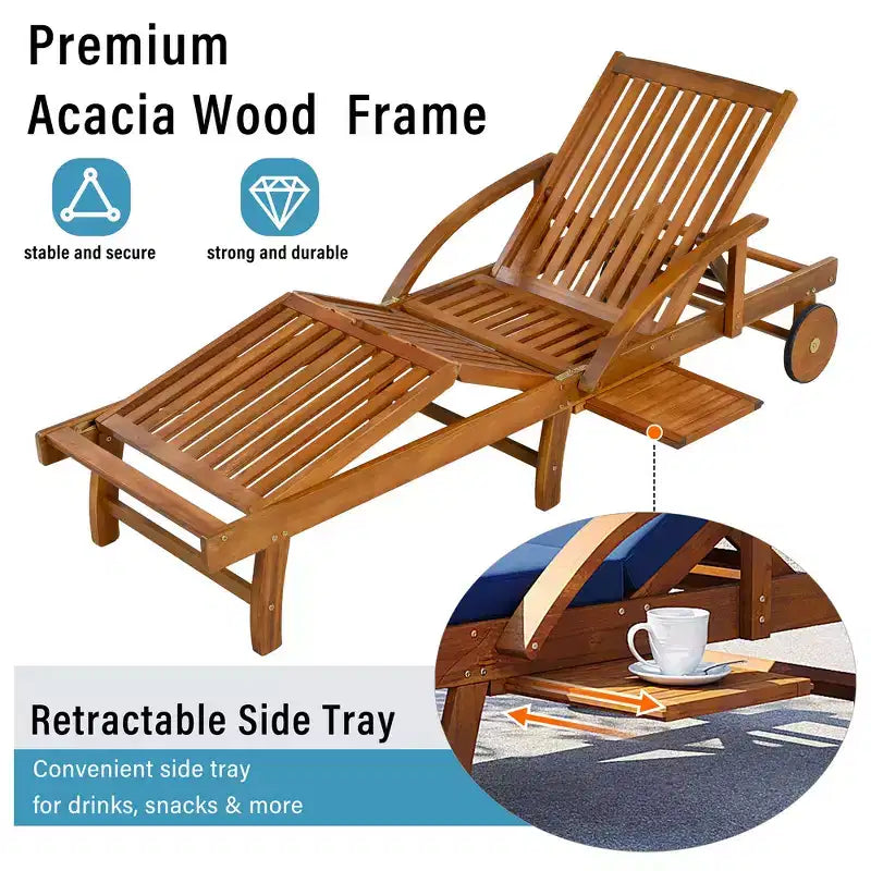 Whisen 77.5 Outdoor Chaise Lounge, Patio Lounge Chair, Pool Lounge Chair with Acacia Wood Frame, Adjustable Backrest, Wheels, Retractable