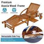 Whisen 77.5 Outdoor Chaise Lounge, Patio Lounge Chair, Pool Lounge Chair with Acacia Wood Frame, Adjustable Backrest, Wheels, Retractable