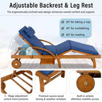 Whisen 77.5 Outdoor Chaise Lounge, Patio Lounge Chair, Pool Lounge Chair with Acacia Wood Frame, Adjustable Backrest, Wheels, Retractable