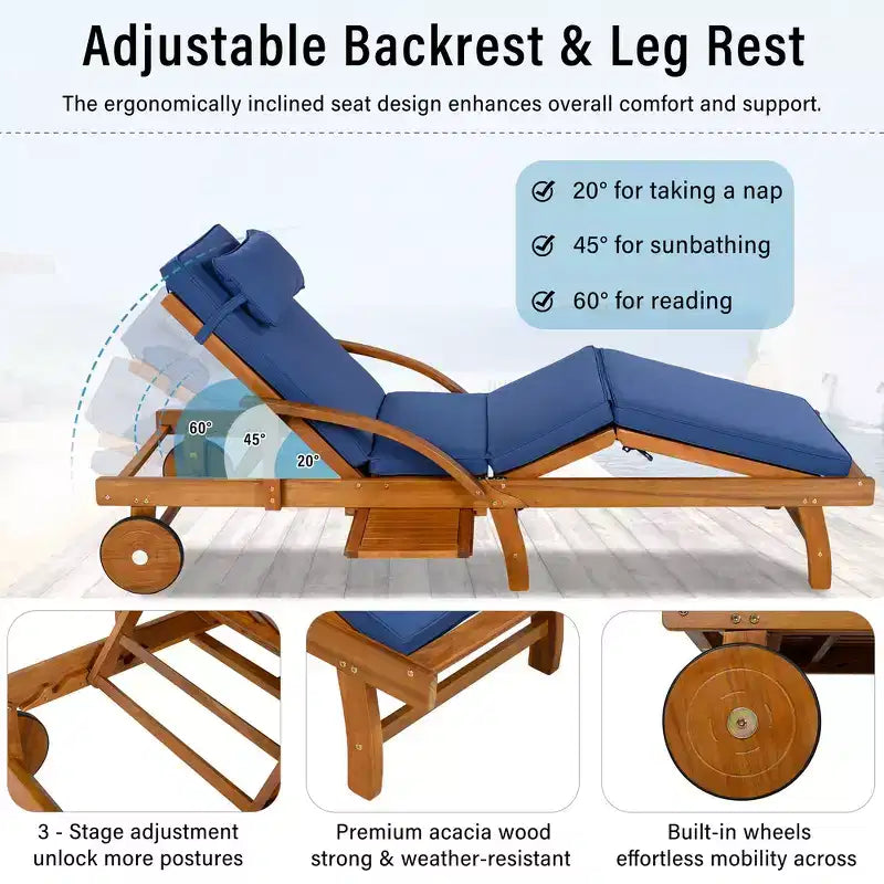 Whisen 77.5 Outdoor Chaise Lounge, Patio Lounge Chair, Pool Lounge Chair with Acacia Wood Frame, Adjustable Backrest, Wheels, Retractable