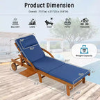Whisen 77.5 Outdoor Chaise Lounge, Patio Lounge Chair, Pool Lounge Chair with Acacia Wood Frame, Adjustable Backrest, Wheels, Retractable