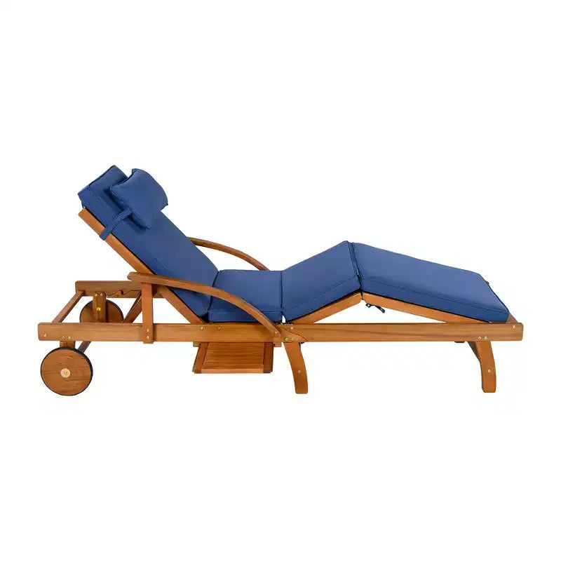 Whisen 77.5 Outdoor Chaise Lounge, Patio Lounge Chair, Pool Lounge Chair with Acacia Wood Frame, Adjustable Backrest, Wheels, Retractable