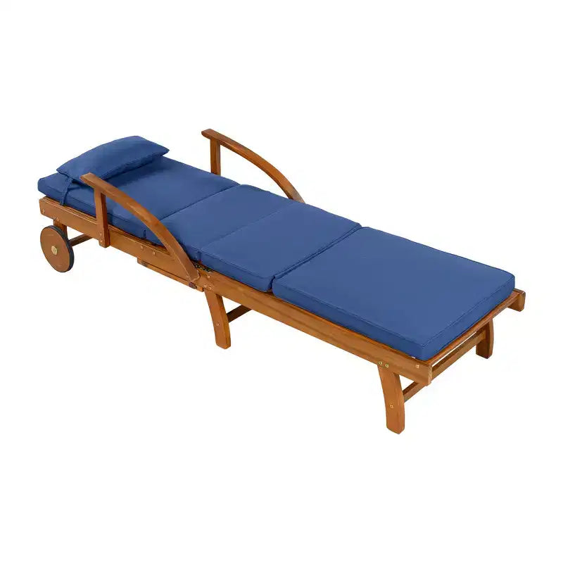 Whisen 77.5 Outdoor Chaise Lounge, Patio Lounge Chair, Pool Lounge Chair with Acacia Wood Frame, Adjustable Backrest, Wheels, Retractable