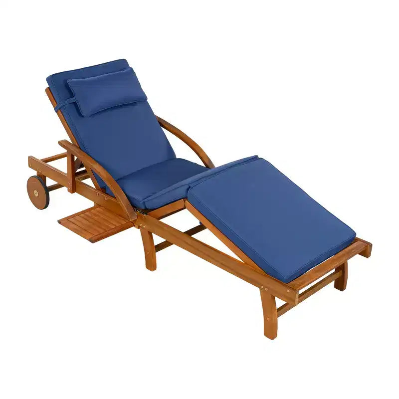 Whisen 77.5 Outdoor Chaise Lounge, Patio Lounge Chair, Pool Lounge Chair with Acacia Wood Frame, Adjustable Backrest, Wheels, Retractable