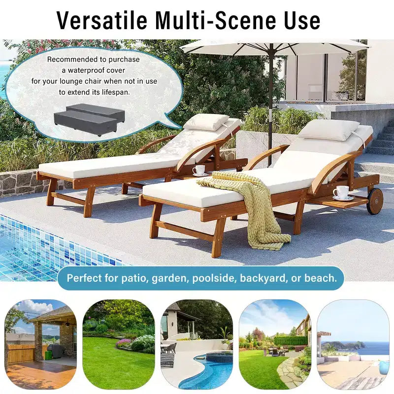 Whisen 77.5 Outdoor Chaise Lounge, Patio Lounge Chair, Pool Lounge Chair with Acacia Wood Frame, Adjustable Backrest, Wheels, Retractable