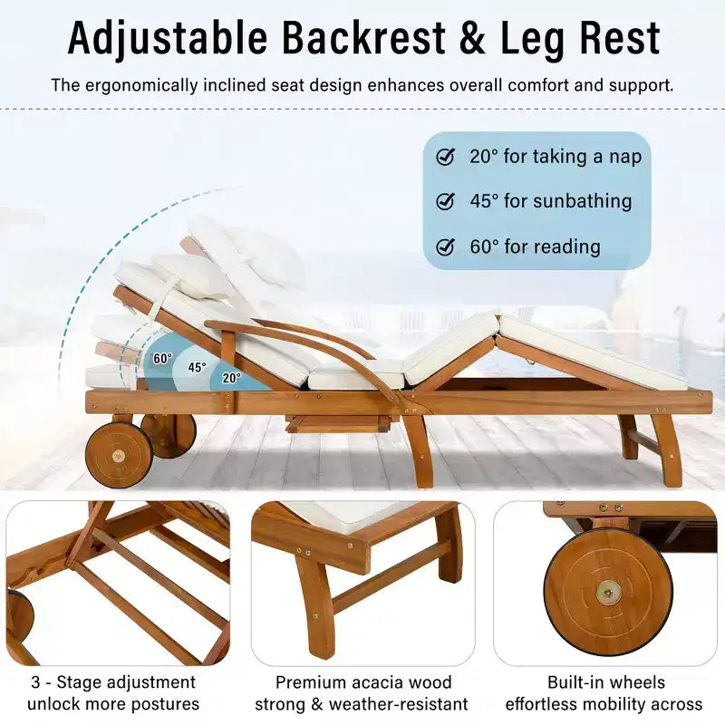 Whisen 77.5 Outdoor Chaise Lounge, Patio Lounge Chair, Pool Lounge Chair with Acacia Wood Frame, Adjustable Backrest, Wheels, Retractable