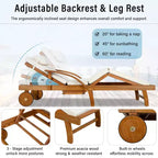 Whisen 77.5 Outdoor Chaise Lounge, Patio Lounge Chair, Pool Lounge Chair with Acacia Wood Frame, Adjustable Backrest, Wheels, Retractable