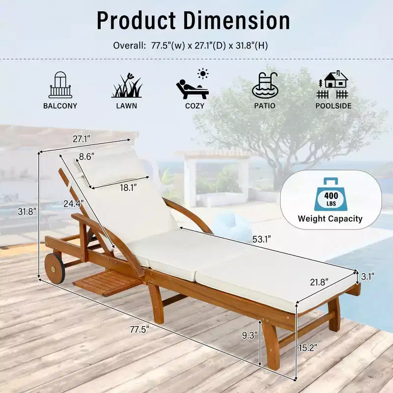 Whisen 77.5 Outdoor Chaise Lounge, Patio Lounge Chair, Pool Lounge Chair with Acacia Wood Frame, Adjustable Backrest, Wheels, Retractable