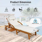 Whisen 77.5 Outdoor Chaise Lounge, Patio Lounge Chair, Pool Lounge Chair with Acacia Wood Frame, Adjustable Backrest, Wheels, Retractable