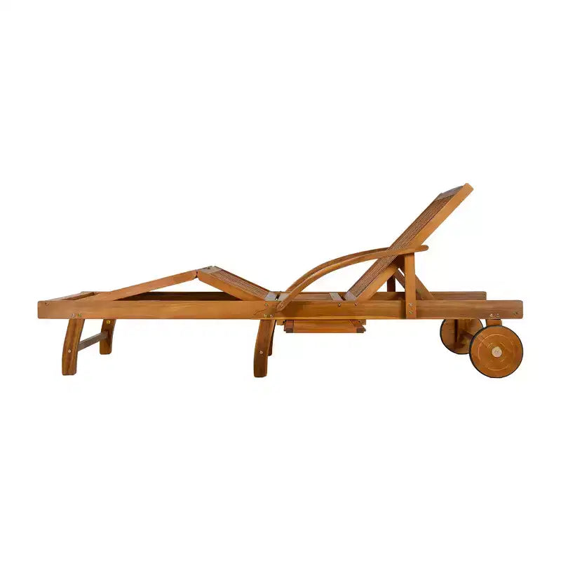 Whisen 77.5 Outdoor Chaise Lounge, Patio Lounge Chair, Pool Lounge Chair with Acacia Wood Frame, Adjustable Backrest, Wheels, Retractable