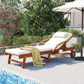 Whisen 77.5 Outdoor Chaise Lounge, Patio Lounge Chair, Pool Lounge Chair with Acacia Wood Frame, Adjustable Backrest, Wheels, Retractable