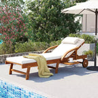 Whisen 77.5 Outdoor Chaise Lounge, Patio Lounge Chair, Pool Lounge Chair with Acacia Wood Frame, Adjustable Backrest, Wheels, Retractable