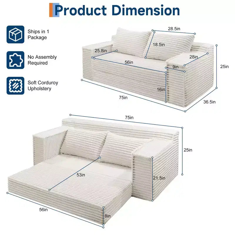75 2-in-1 Convertible Sofa Bed, Boneless Couch Bed with 2 Pillow, Folding Pull Out Couch, Loveseat Sleeper Sofa, Futon Couch
