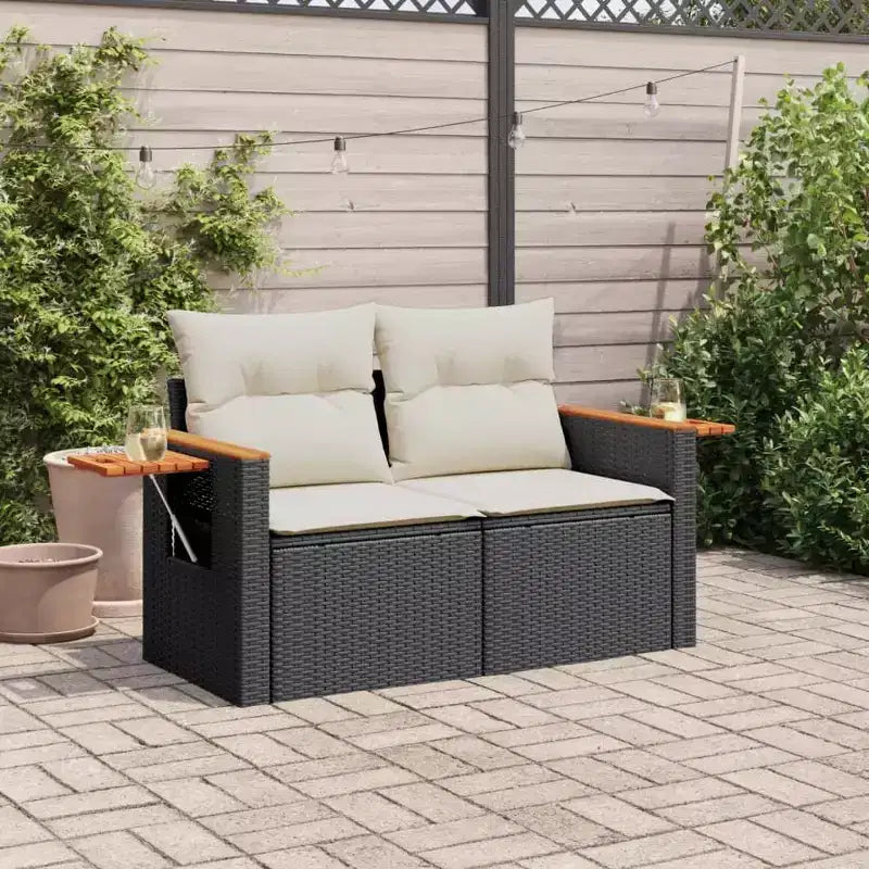 vidaXL Garden Sofa Black PE Rattan 2-Seater Adjustable Armrests