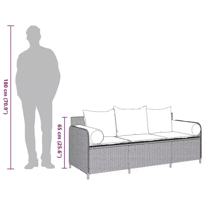 vidaXL Patio Sofa with Cushions 3-Seater Brown Poly Rattan
