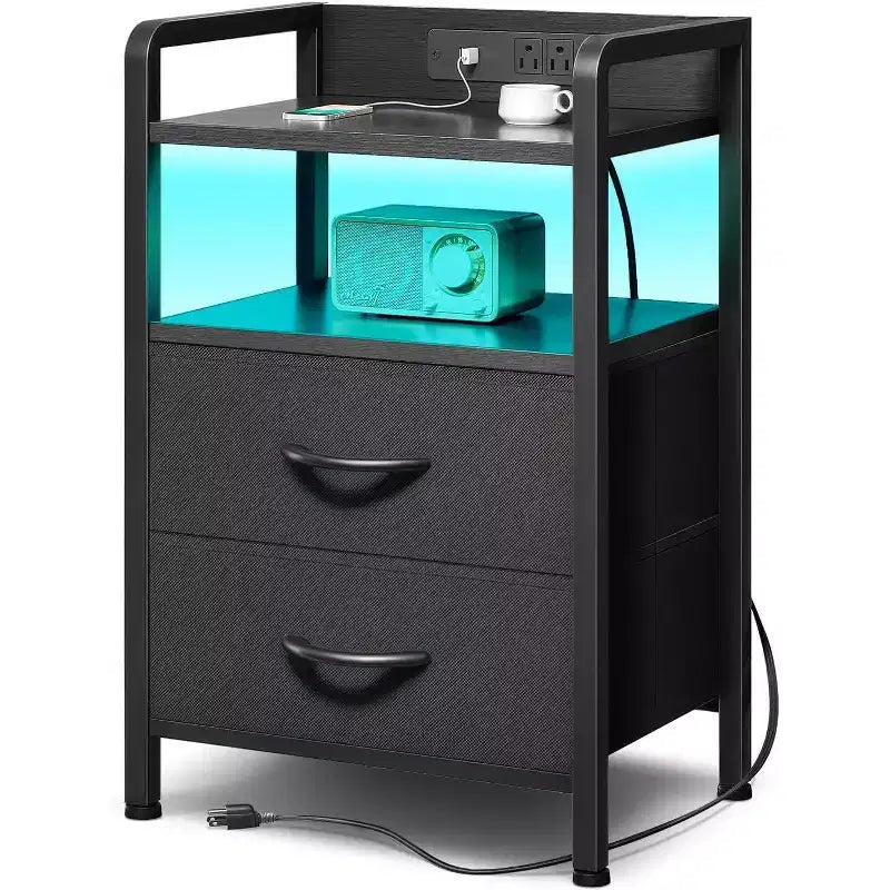Nightstand with 2 Fabric Drawers and Open Shelf, Metal Frame and MDF Top Bedside Table, End Table for Bedroom or Living Room