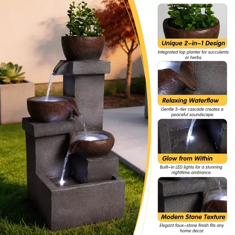 Outdoor Water Fountain Tiered Cascading Jar Waterfall Resin Garden Patio Decor with LED Lights