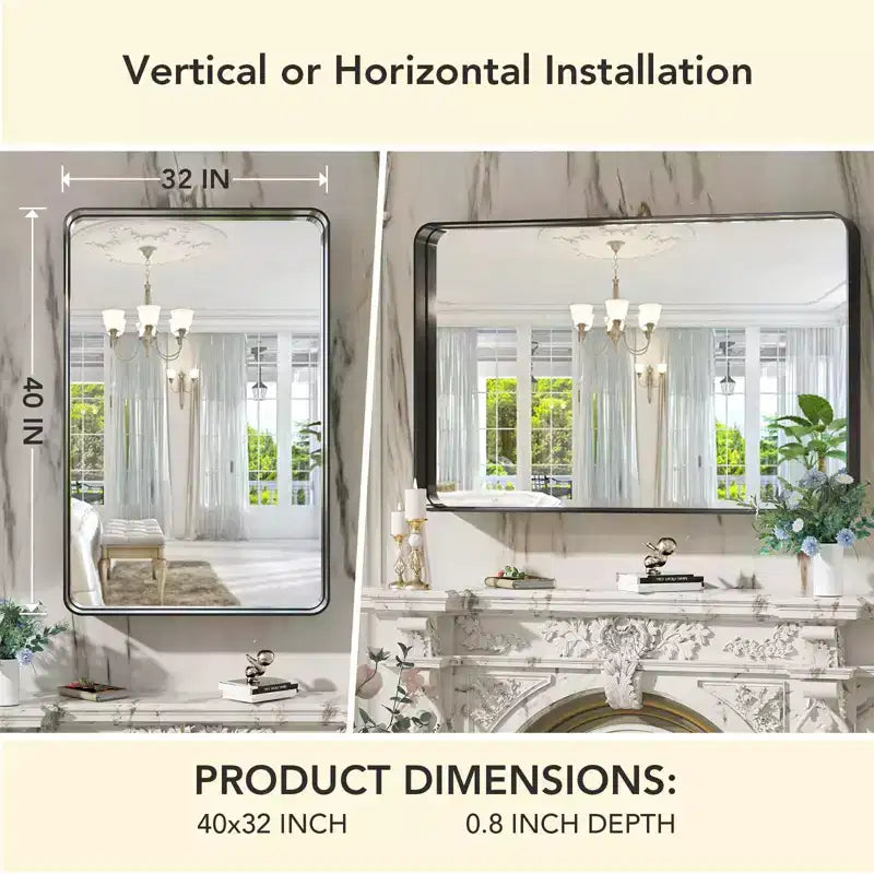 55x30 Inch Black Metal Frame Bathroom Wall Mirror, Decorative Rectangular, Wall Mounted, Corner Hangs, Home Decor for Multi-Scenes