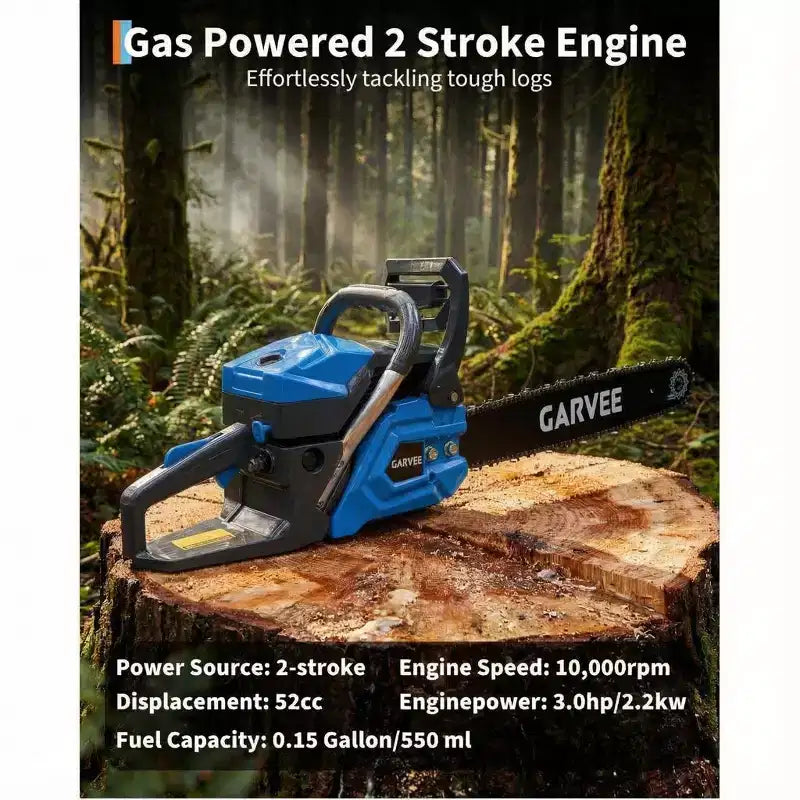Gas Powered Chainsaw 52cc 2-Stroke, Features Automatic Chain Lubrication & Quick Start Ergonomic Handle for Heavy-Duty Tree Trimming and Land Clearing