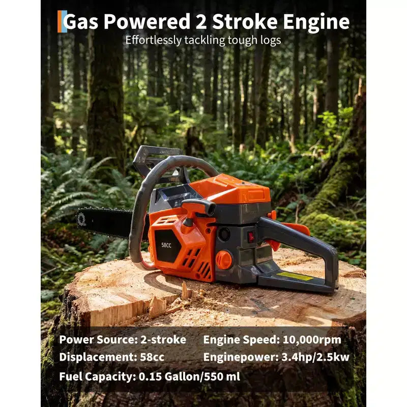 Gas Powered Chainsaw 52cc 2-Stroke, Features Automatic Chain Lubrication & Quick Start Ergonomic Handle for Heavy-Duty Tree Trimming and Land Clearing