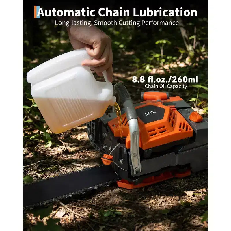 Gas Powered Chainsaw 52cc 2-Stroke, Features Automatic Chain Lubrication & Quick Start Ergonomic Handle for Heavy-Duty Tree Trimming and Land Clearing