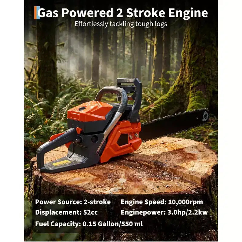 Gas Powered Chainsaw 52cc 2-Stroke, Features Automatic Chain Lubrication & Quick Start Ergonomic Handle for Heavy-Duty Tree Trimming and Land Clearing