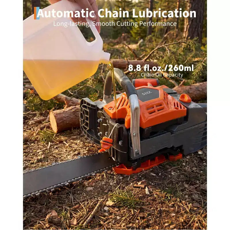 Gas Powered Chainsaw 52cc 2-Stroke, Features Automatic Chain Lubrication & Quick Start Ergonomic Handle for Heavy-Duty Tree Trimming and Land Clearing