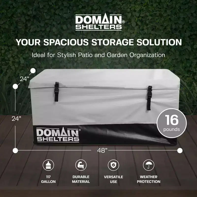 Domain Shelters 117 Gallon 4 x 2 x 2 Foot Outdoor Patio Backyard Garden Storage Container Deck Box w/Removable Weather Bars & Clip Buckles, Gray/Black