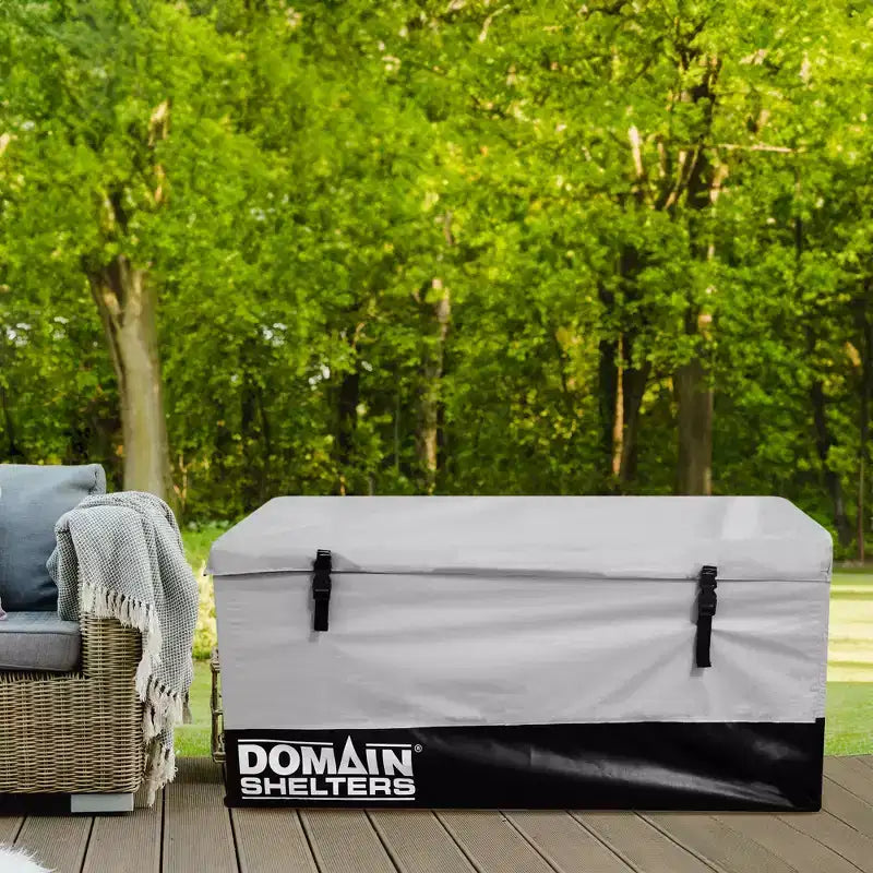 Domain Shelters 117 Gallon 4 x 2 x 2 Foot Outdoor Patio Backyard Garden Storage Container Deck Box w/Removable Weather Bars & Clip Buckles, Gray/Black