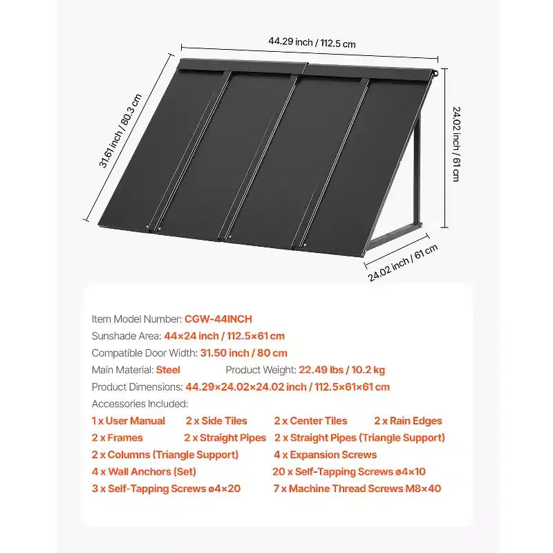Window Awning Door Canopy 44 x 24 Inch Outdoor Steel Anti-Rust Front Door Awning