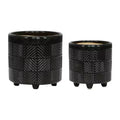 Set of 2 6x6x7 Black Textured Ceramic Planter on Wood Stand Indoor Outdoor Flower Pot Decor for Patio Balcony Porch Entryway Shelf Display