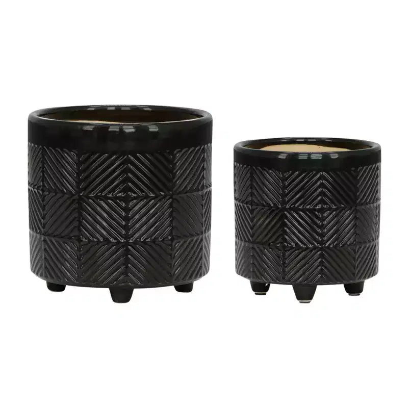 Set of 2 6x6x7 Black Textured Ceramic Planter on Wood Stand Indoor Outdoor Flower Pot Decor for Patio Balcony Porch Entryway Shelf Display
