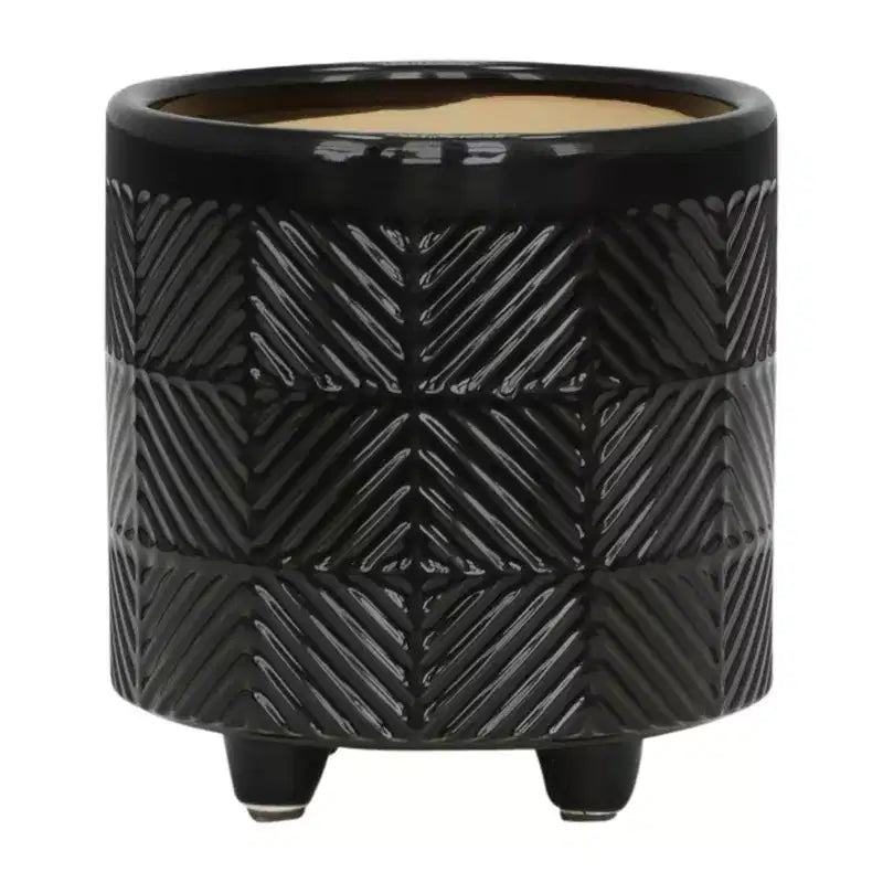 Set of 2 6x6x7 Black Textured Ceramic Planter on Wood Stand Indoor Outdoor Flower Pot Decor for Patio Balcony Porch Entryway Shelf Display