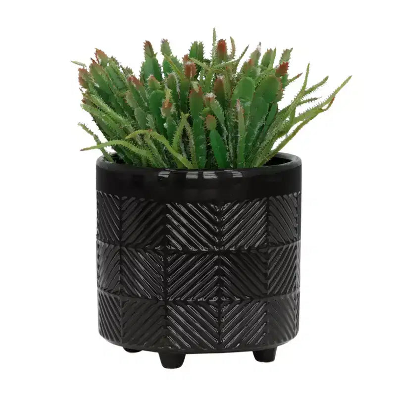 Set of 2 6x6x7 Black Textured Ceramic Planter on Wood Stand Indoor Outdoor Flower Pot Decor for Patio Balcony Porch Entryway Shelf Display