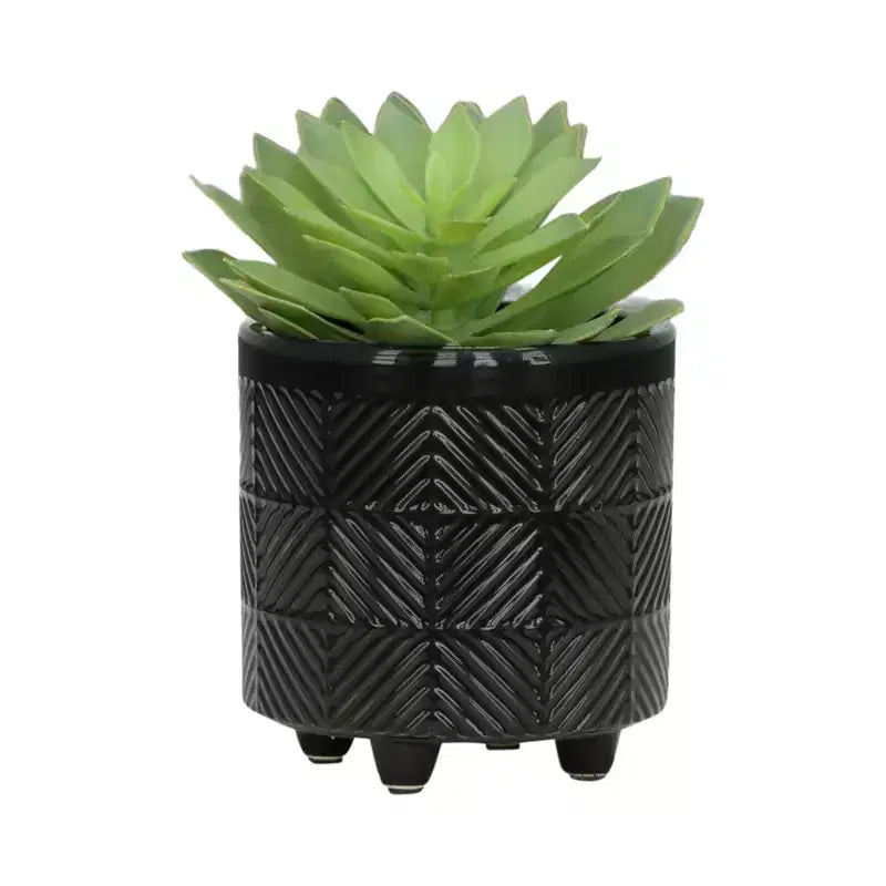 Set of 2 6x6x7 Black Textured Ceramic Planter on Wood Stand Indoor Outdoor Flower Pot Decor for Patio Balcony Porch Entryway Shelf Display