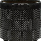 Set of 2 6x6x7 Black Textured Ceramic Planter on Wood Stand Indoor Outdoor Flower Pot Decor for Patio Balcony Porch Entryway Shelf Display