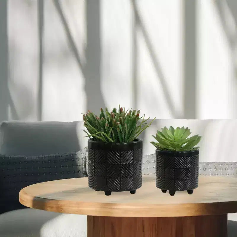Set of 2 6x6x7 Black Textured Ceramic Planter on Wood Stand Indoor Outdoor Flower Pot Decor for Patio Balcony Porch Entryway Shelf Display