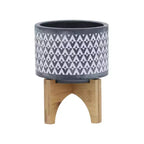 5x5x6 Gray Aztec Pattern Ceramic Planter on Wood Stand Indoor Outdoor Flower Pot Decor for Patio Balcony Porch Entryway Shelf Display