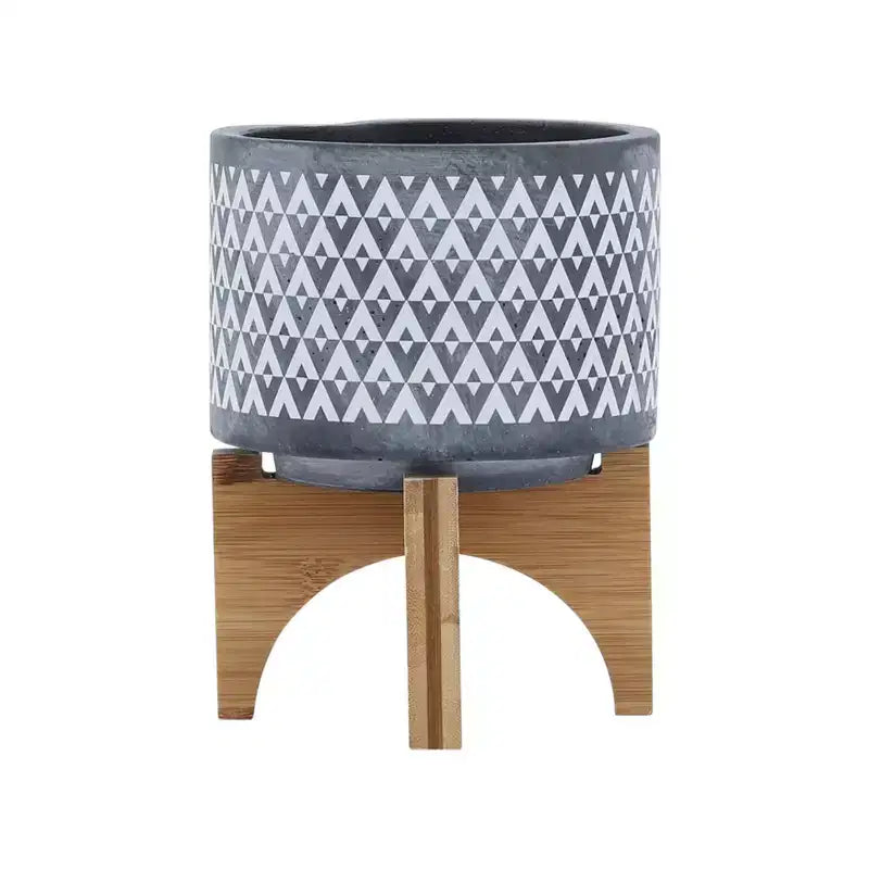 5x5x6 Gray Aztec Pattern Ceramic Planter on Wood Stand Indoor Outdoor Flower Pot Decor for Patio Balcony Porch Entryway Shelf Display