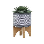 5x5x6 Gray Aztec Pattern Ceramic Planter on Wood Stand Indoor Outdoor Flower Pot Decor for Patio Balcony Porch Entryway Shelf Display