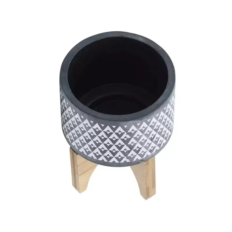 5x5x6 Gray Aztec Pattern Ceramic Planter on Wood Stand Indoor Outdoor Flower Pot Decor for Patio Balcony Porch Entryway Shelf Display