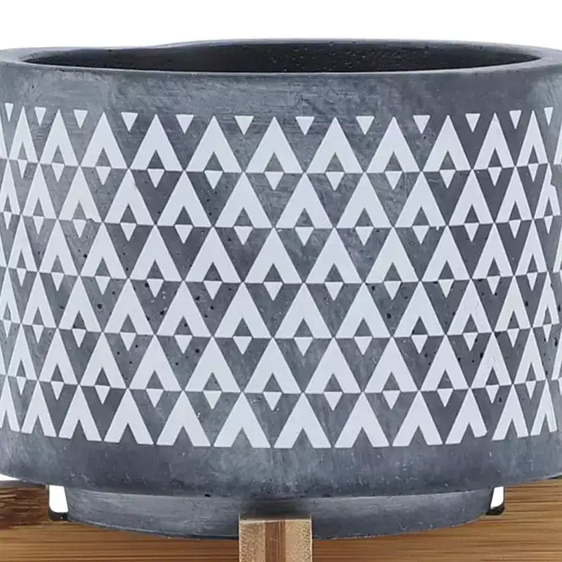 5x5x6 Gray Aztec Pattern Ceramic Planter on Wood Stand Indoor Outdoor Flower Pot Decor for Patio Balcony Porch Entryway Shelf Display