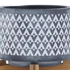 5x5x6 Gray Aztec Pattern Ceramic Planter on Wood Stand Indoor Outdoor Flower Pot Decor for Patio Balcony Porch Entryway Shelf Display