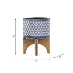 5x5x6 Gray Aztec Pattern Ceramic Planter on Wood Stand Indoor Outdoor Flower Pot Decor for Patio Balcony Porch Entryway Shelf Display