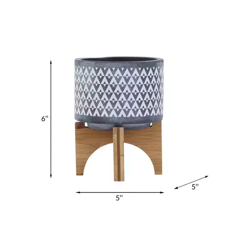 5x5x6 Gray Aztec Pattern Ceramic Planter on Wood Stand Indoor Outdoor Flower Pot Decor for Patio Balcony Porch Entryway Shelf Display