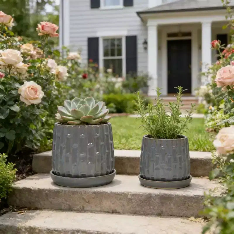 Set of 2 5.71 x 5.31 Gray Ribbed Ceramic Planter Set Indoor Outdoor Flower Pots for Herbs, Flowers & Succulents