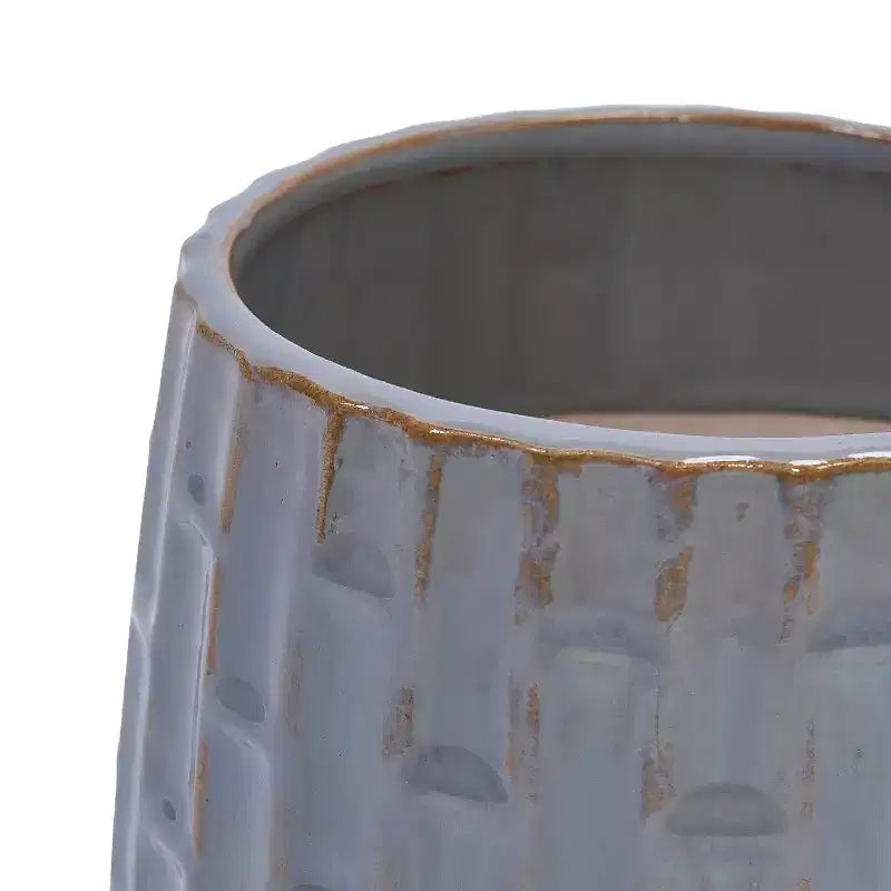 Set of 2 5.71 x 5.31 Gray Ribbed Ceramic Planter Set Indoor Outdoor Flower Pots for Herbs, Flowers & Succulents
